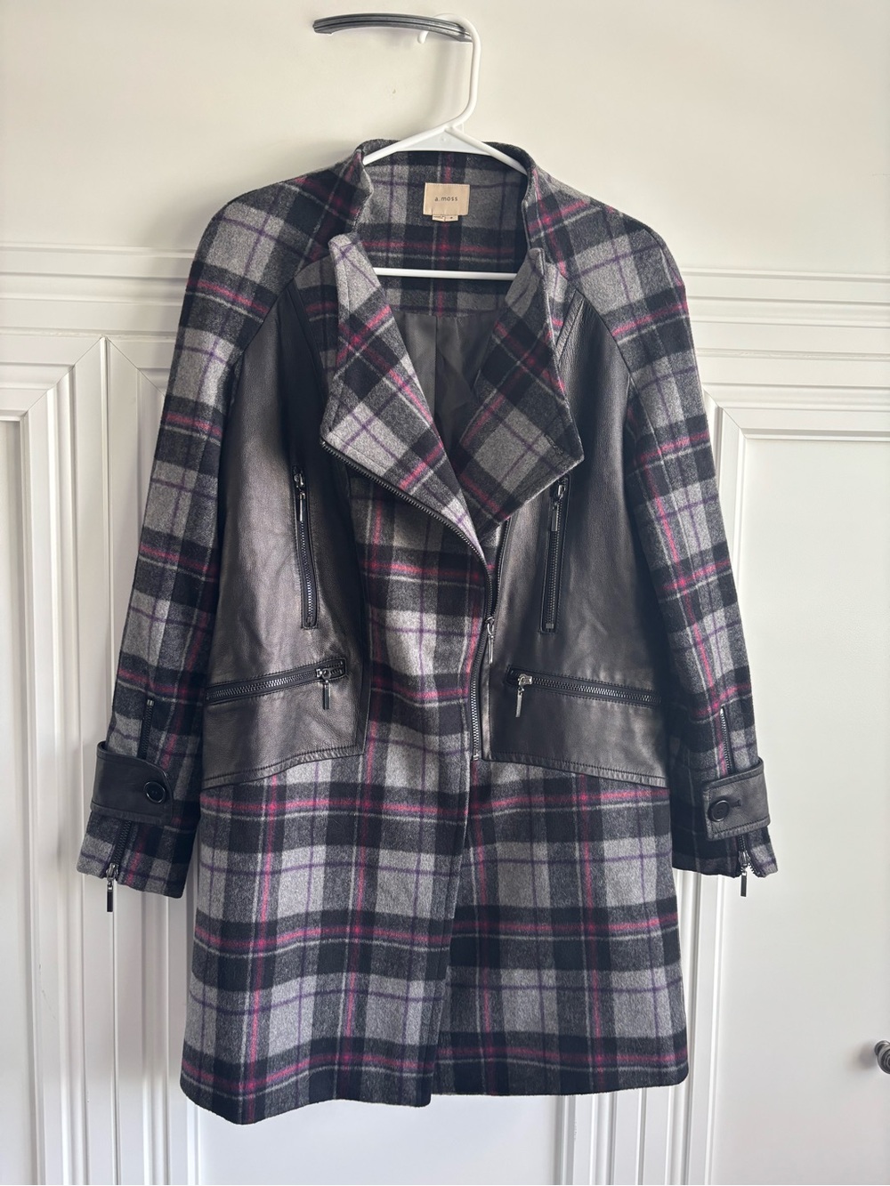 Gorgeous leather Plaid Wool Blend Coat with Leather Trim - Gray/Ppurple black 2